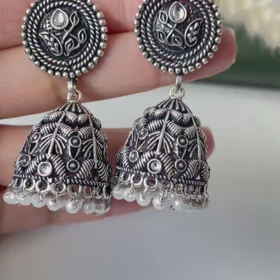 Dainty intricate designed Oxidised jhumkis
