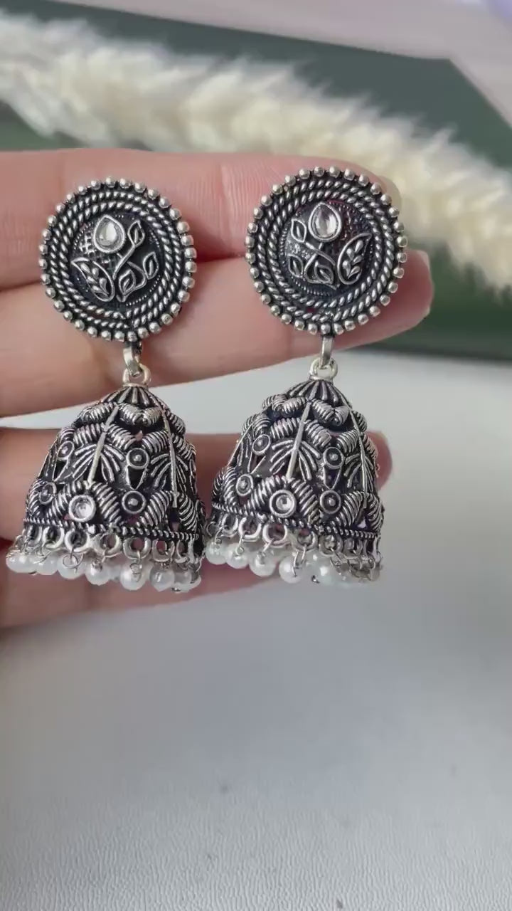 Dainty intricate designed Oxidised jhumkis