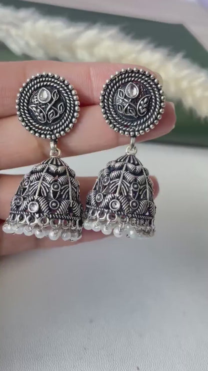 Dainty intricate designed Oxidised jhumkis