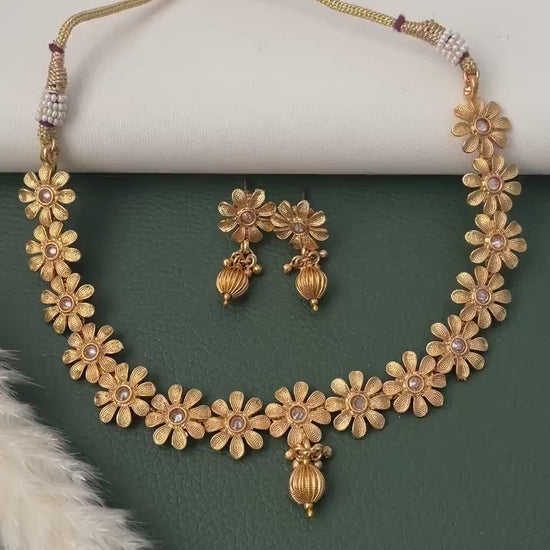 Gold Plated Flower Necklace & Earring Set