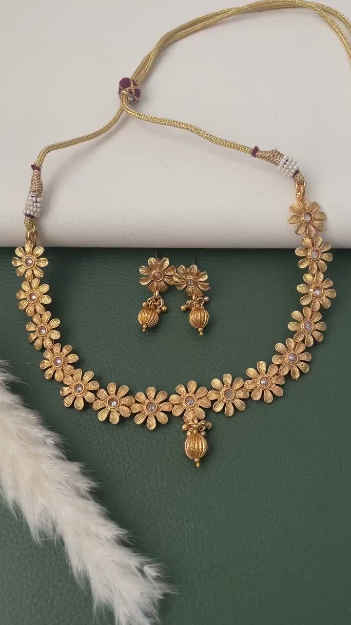 Gold Plated Flower Necklace & Earring Set