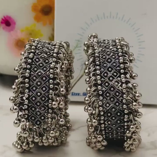 Oxidized Ghungaroo Cuff Bracelet: Adjustable Silver Bangle