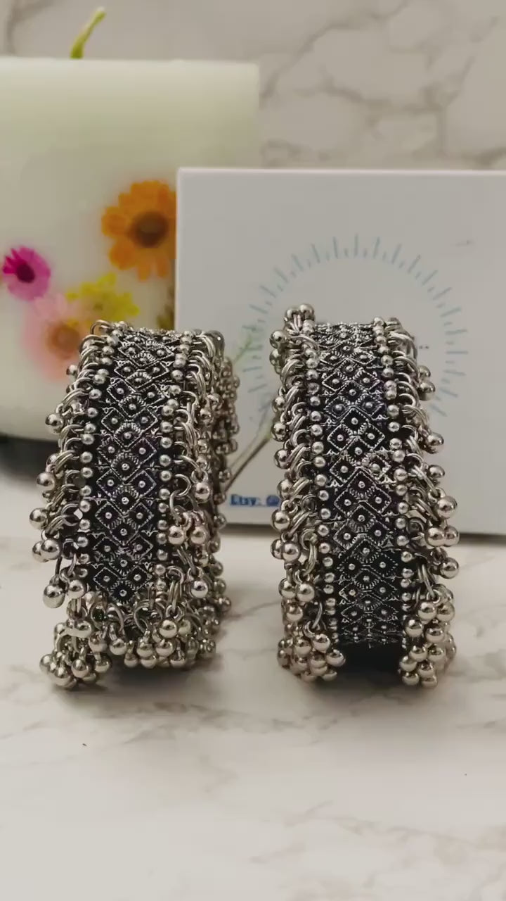 Oxidized Ghungaroo Cuff Bracelet: Adjustable Silver Bangle