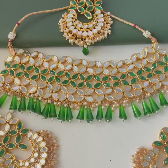 Green and white / ivory mirror necklace set with matching Maang tika