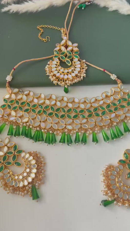 Green and white / ivory mirror necklace set with matching Maang tika