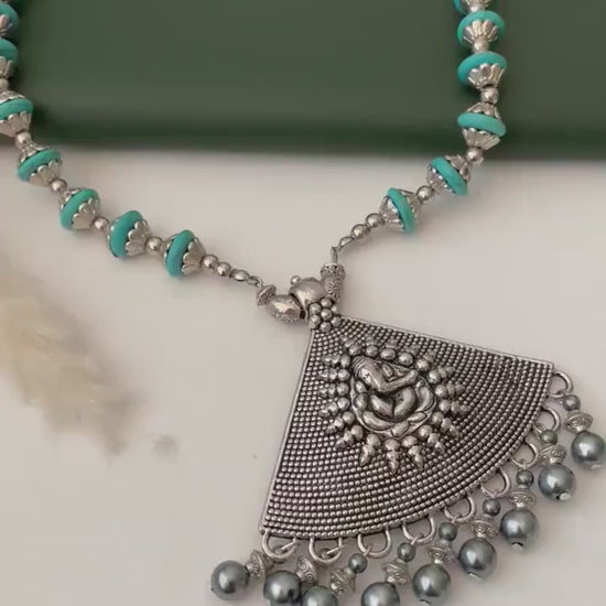 Nysaa Oxidised blue grey Ganapati pendent necklace