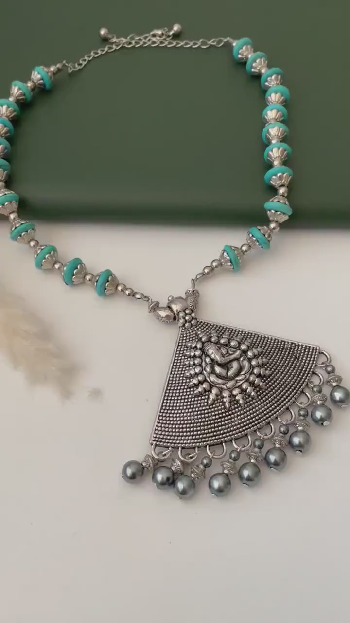 Nysaa Oxidised blue grey Ganapati pendent necklace