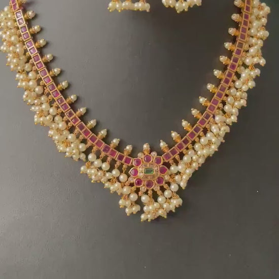 Ruby and green kemp stone and pearl necklace set