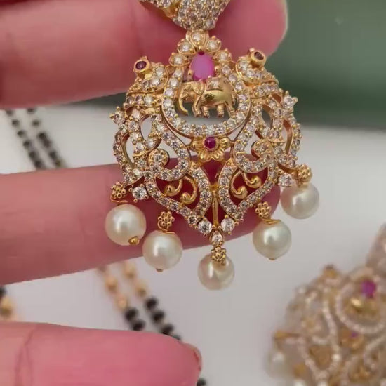 Gold Plated Victorian style cubic zirconia big pendent Mangalsutra