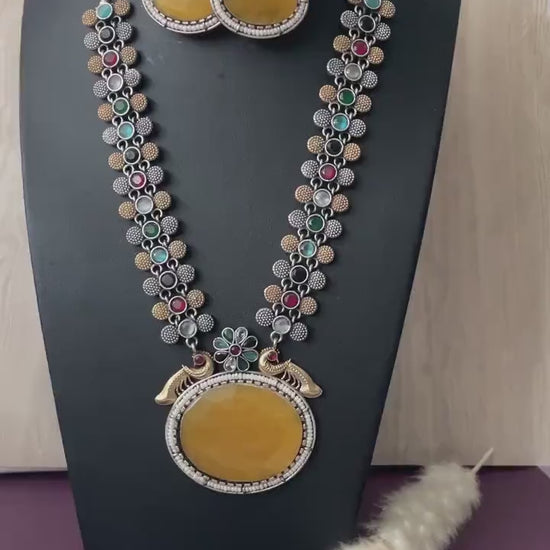 Oxidized Necklace Set: Ruby Mona Lisa Stone, Temple Jewelry