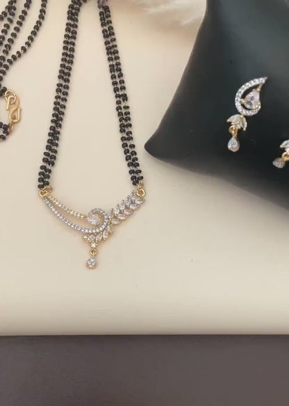 American Diamond Mangalsutra with Earrings: Gold Plated Dual Tone Necklace