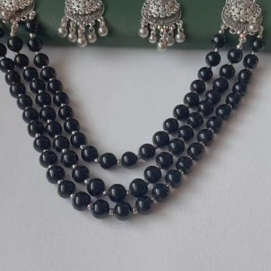Oxidised big black beads three layered fancy necklace set with matching earrings