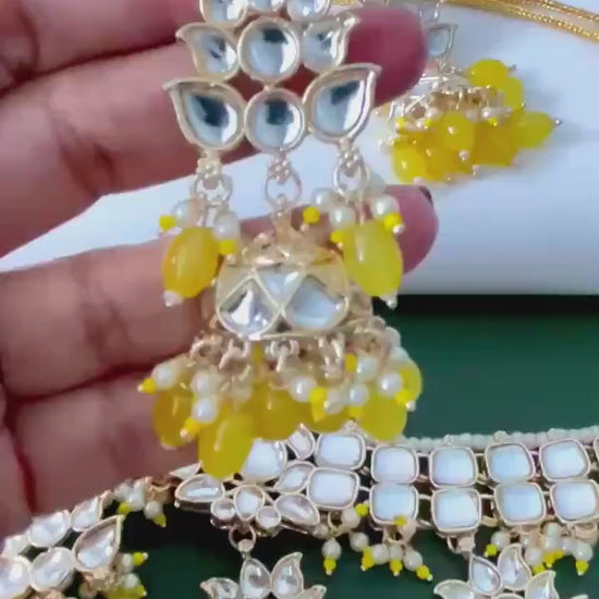 Yellow Kundan Choker Set: Bridal Necklace with Earrings & Maang Tika