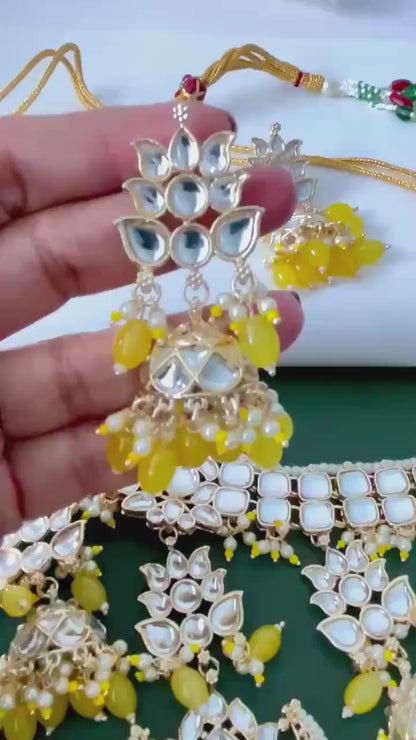 Yellow Kundan Choker Set: Bridal Necklace with Earrings & Maang Tika