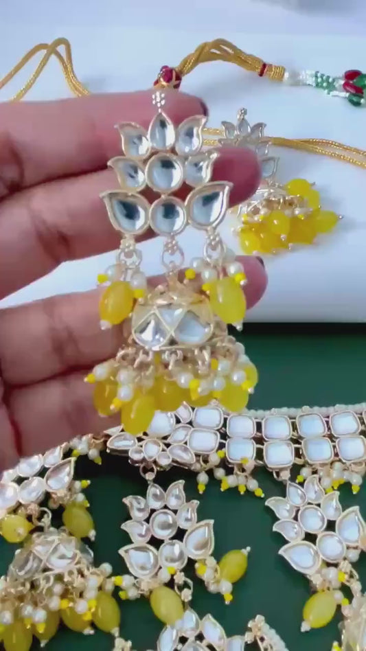 Yellow Kundan Choker Set: Bridal Necklace with Earrings & Maang Tika