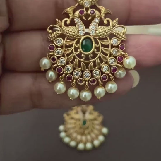 Gold Plated Kemp Stone Peacock Earrings: Indian Temple Jewelry
