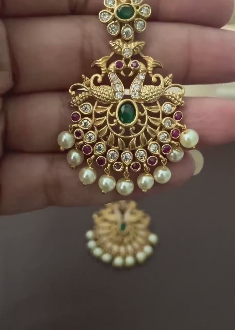 Gold Plated Kemp Stone Peacock Earrings: Indian Temple Jewelry