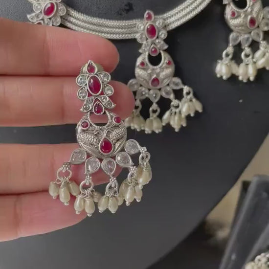 Kemp Stone Silver Necklace Set: Ruby & Pearl Temple Jewelry