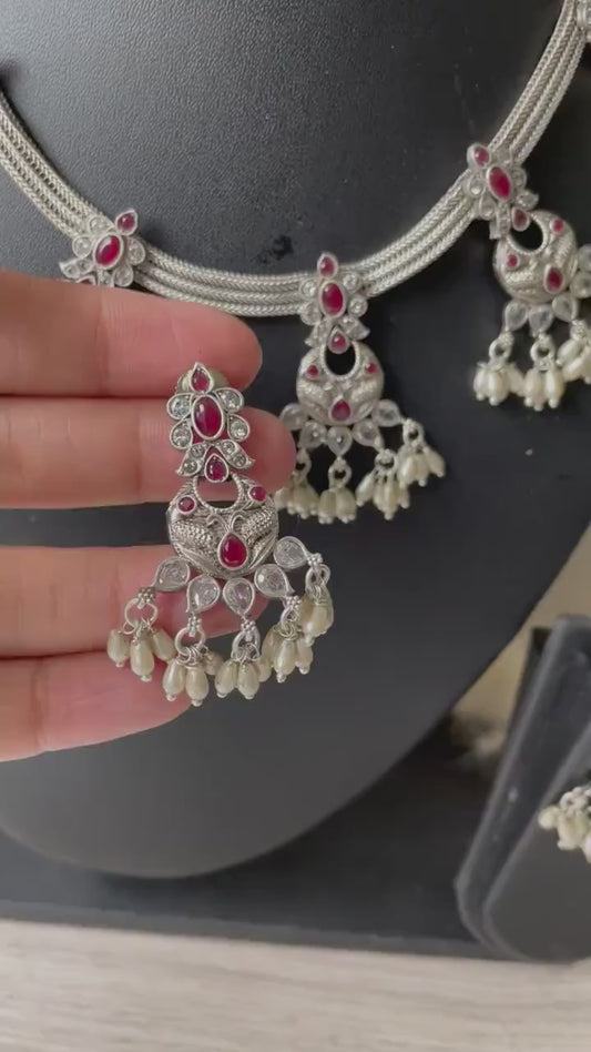Kemp Stone Silver Necklace Set: Ruby & Pearl Temple Jewelry