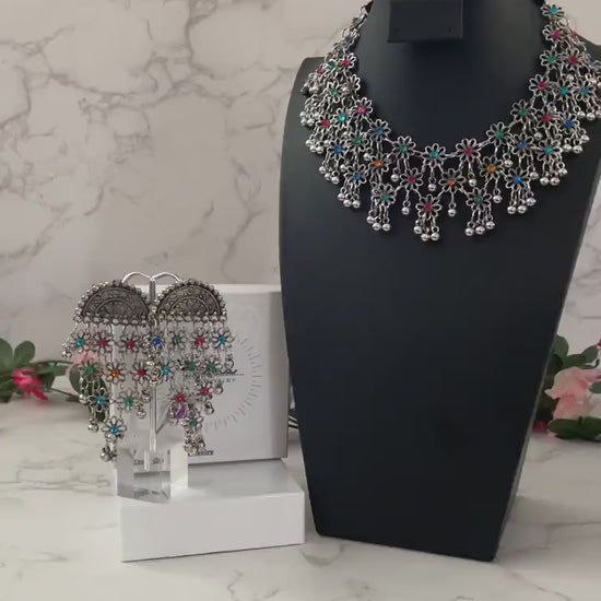 Oxidized Multicolor Necklace and Earrings Set: Lightweight Alloy Jewelry