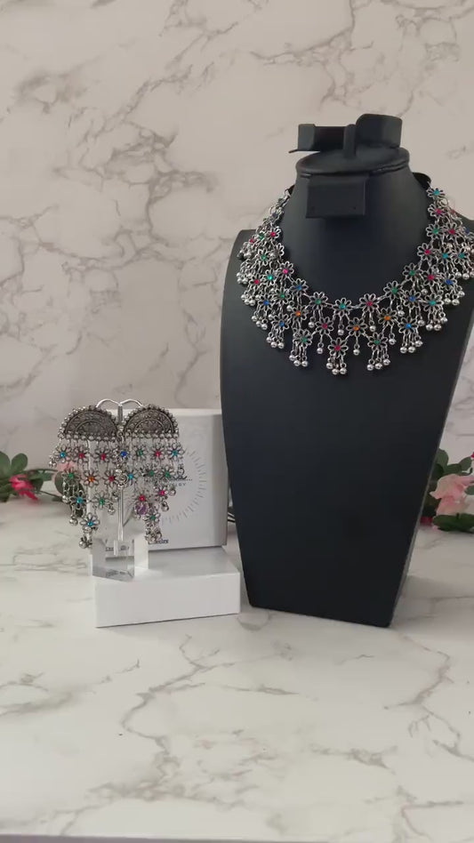 Oxidized Multicolor Necklace and Earrings Set: Lightweight Alloy Jewelry