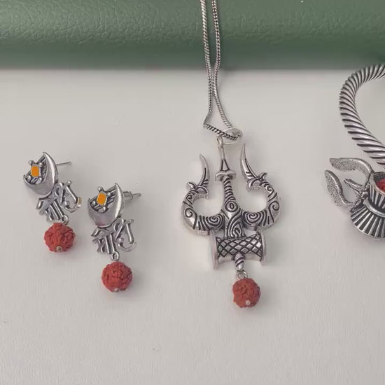 Trishul and Rudraksha unisex pendent necklace , kada and earrings or set