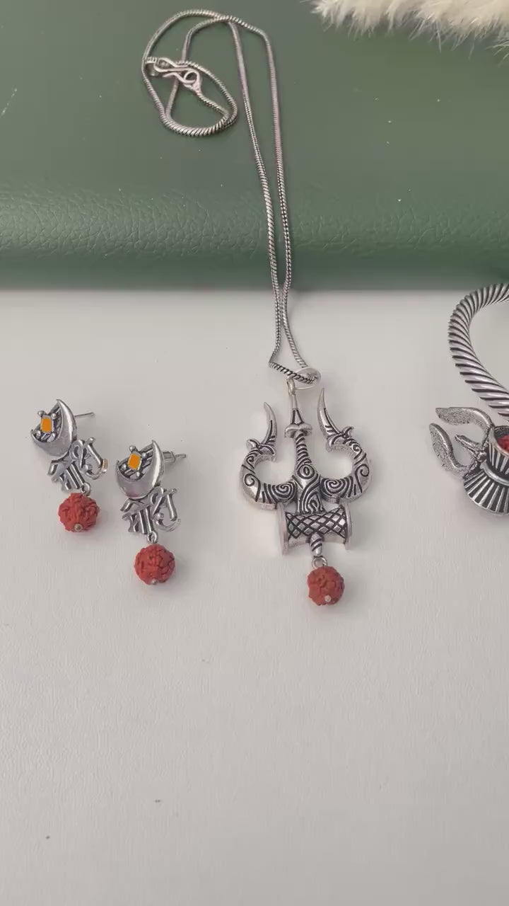 Trishul and Rudraksha unisex pendent necklace , kada and earrings or set