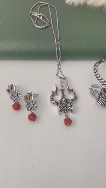 Trishul and Rudraksha unisex pendent necklace , kada and earrings or set