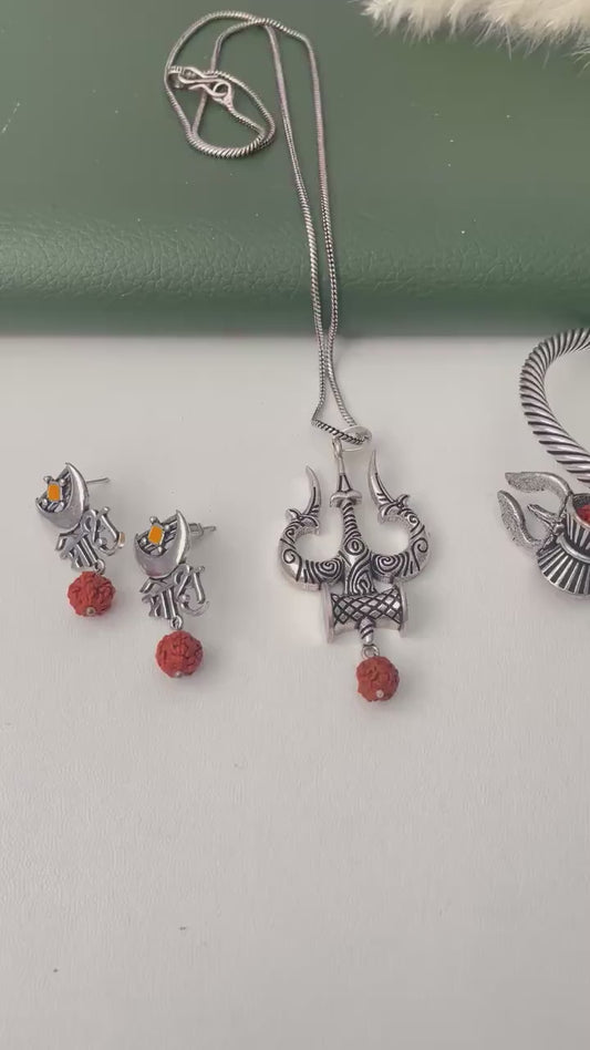 Trishul and Rudraksha unisex pendent necklace , kada and earrings or set