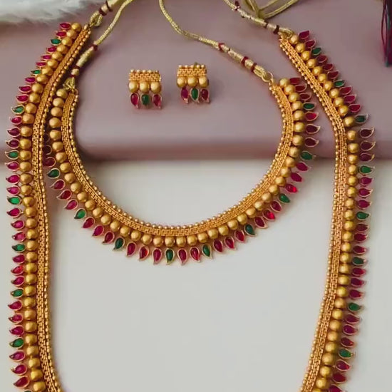 Antique Gold Layered Necklace Set: Bharatnatyam Dance Jewelry