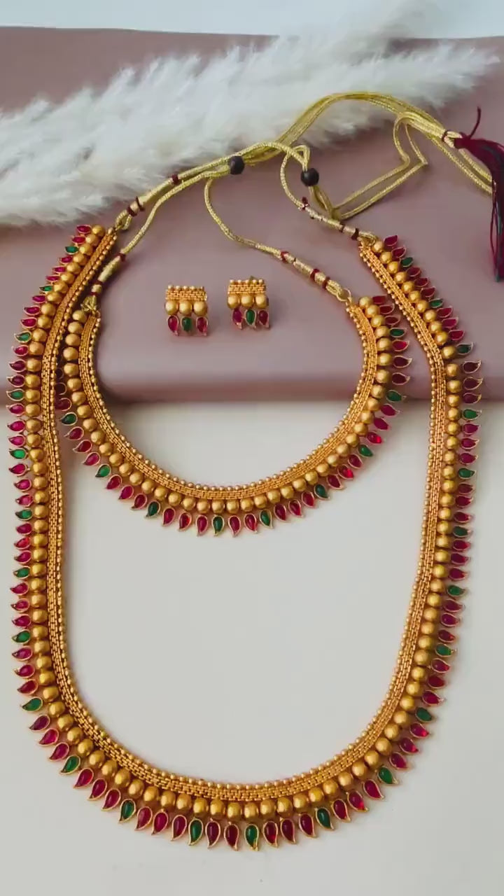 Antique Gold Layered Necklace Set: Bharatnatyam Dance Jewelry