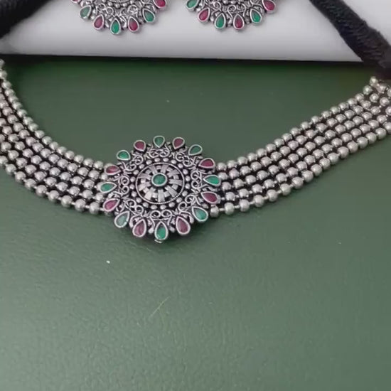 Oxidized Kolhapuri Choker Necklace with Stud Earrings: Adjustable Indian Jewelry