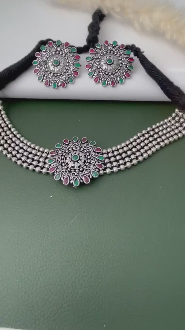 Oxidized Kolhapuri Choker Necklace with Stud Earrings: Adjustable Indian Jewelry