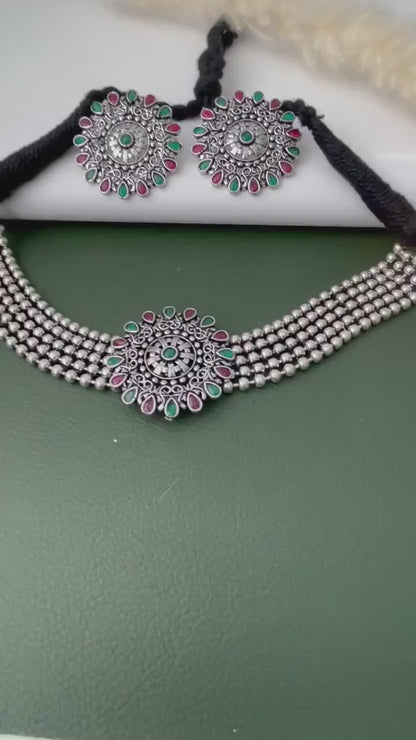 Oxidized Kolhapuri Choker Necklace with Stud Earrings: Adjustable Indian Jewelry