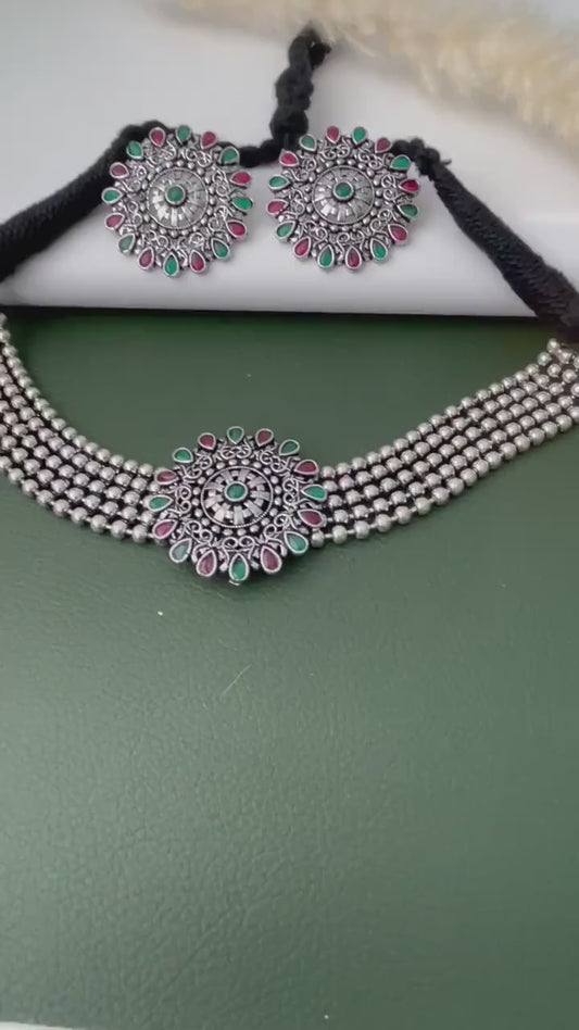 Oxidized Kolhapuri Choker Necklace with Stud Earrings: Adjustable Indian Jewelry