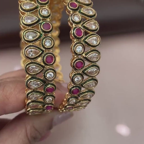 Antique Gold Plated Bangles: Ruby & White Stone, North Indian Jewelry