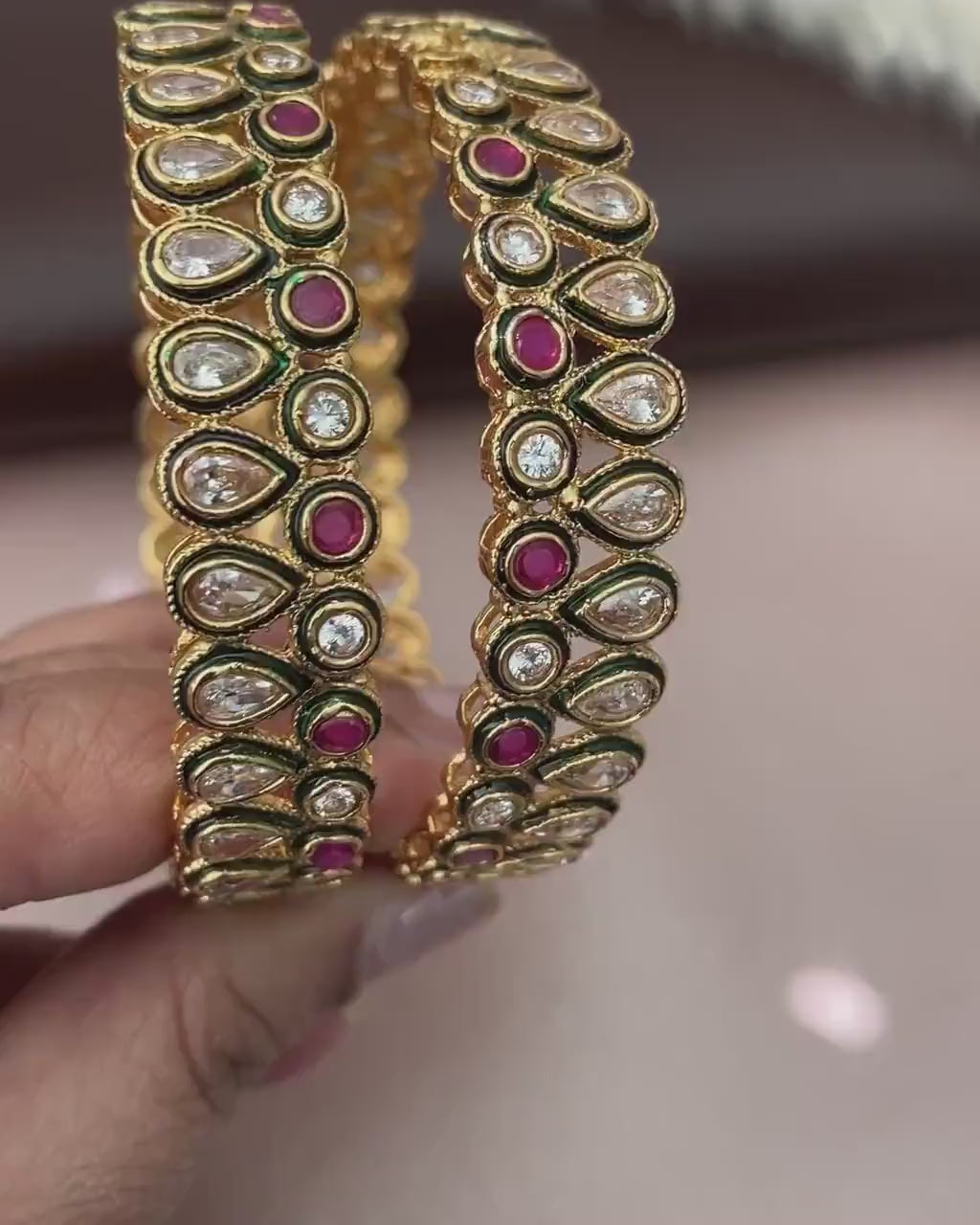 Antique Gold Plated Bangles: Ruby & White Stone, North Indian Jewelry
