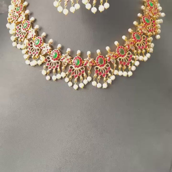 Multicolor gems and Pearl Gold Plated Necklace Set: South Indian Temple Jewelry