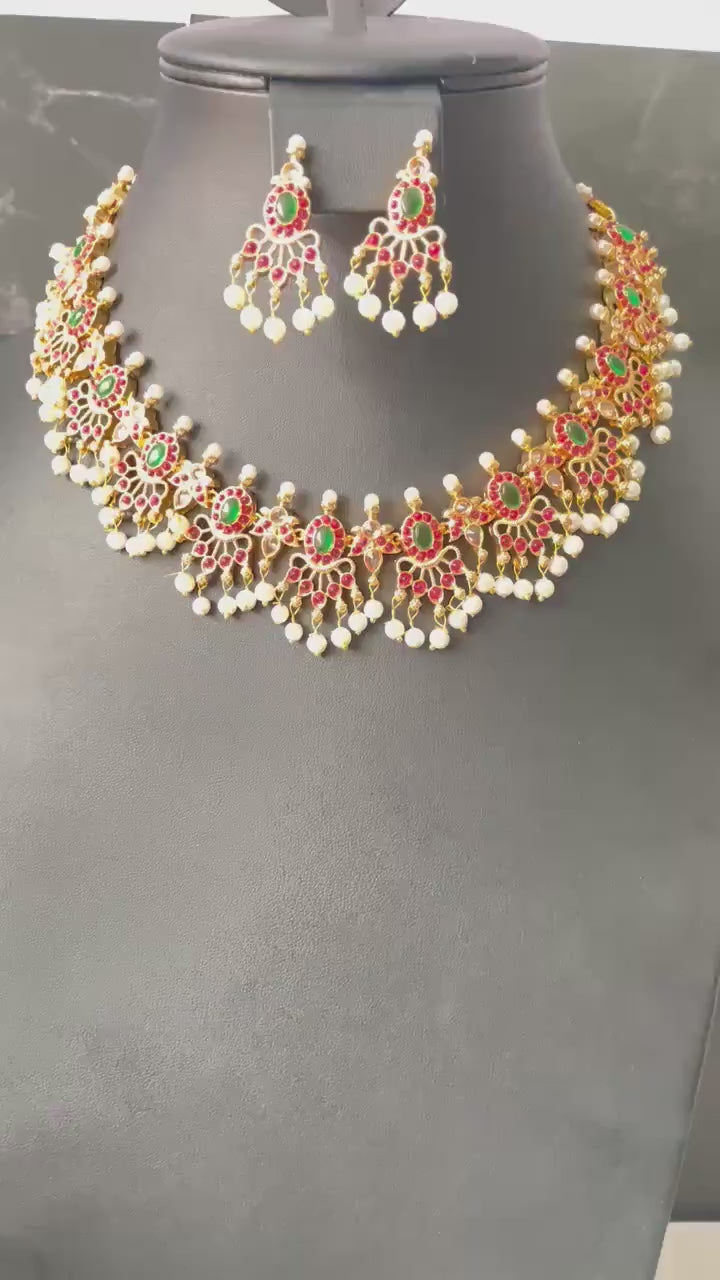 Multicolor gems and Pearl Gold Plated Necklace Set: South Indian Temple Jewelry