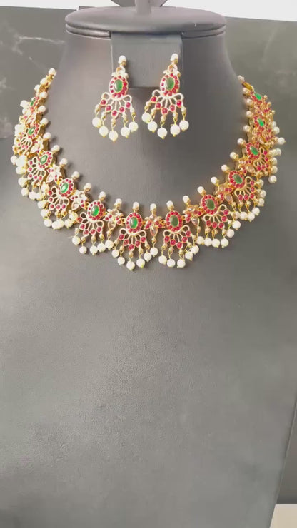 Multicolor gems and Pearl Gold Plated Necklace Set: South Indian Temple Jewelry
