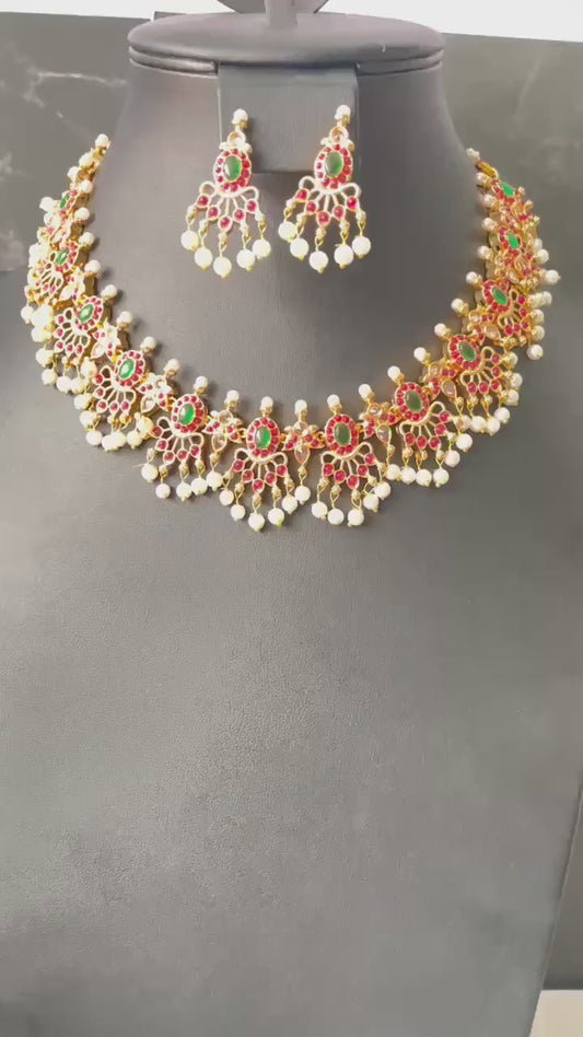 Multicolor gems and Pearl Gold Plated Necklace Set: South Indian Temple Jewelry