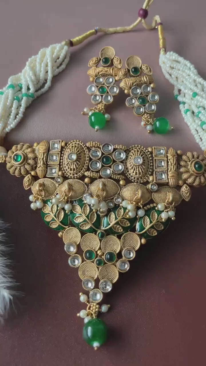 Kundan Choker Set: Rajawadi Gold Finish Necklace & Earrings