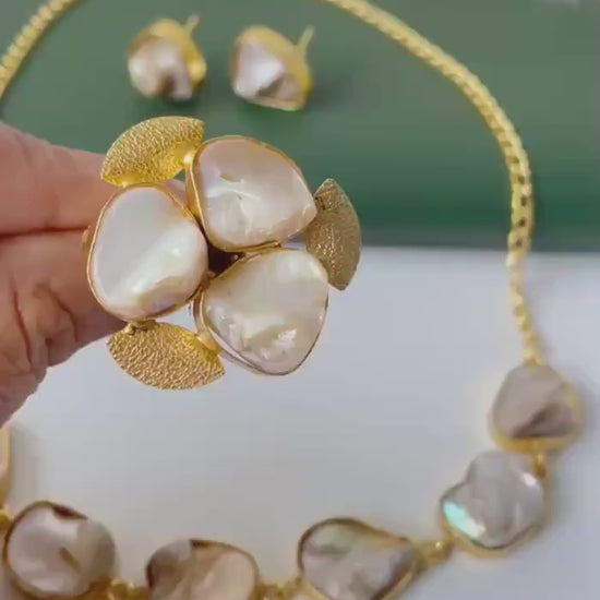 Unfinished mother of pearl necklace earring and ring set