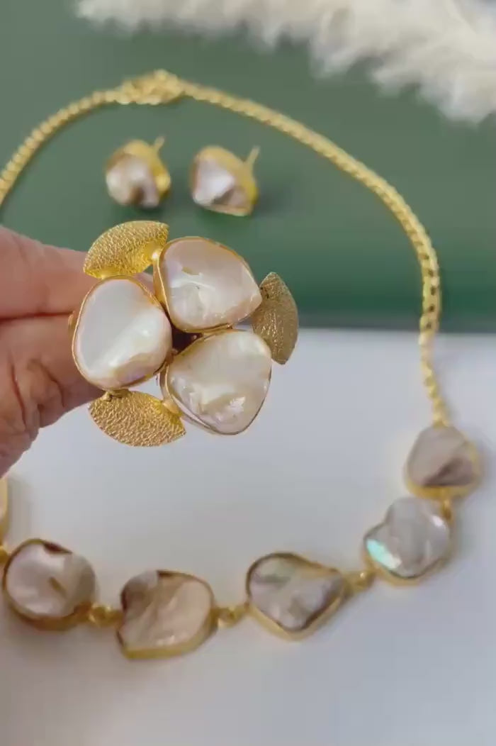 Unfinished mother of pearl necklace earring and ring set