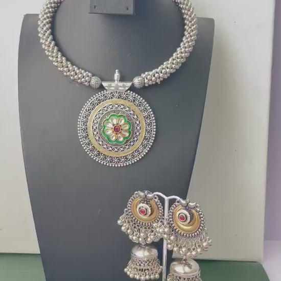 Dual tone Oxidised small pendent fancy thushi / hasli with matching jhumkis