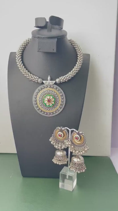 Dual tone Oxidised small pendent fancy thushi / hasli with matching jhumkis