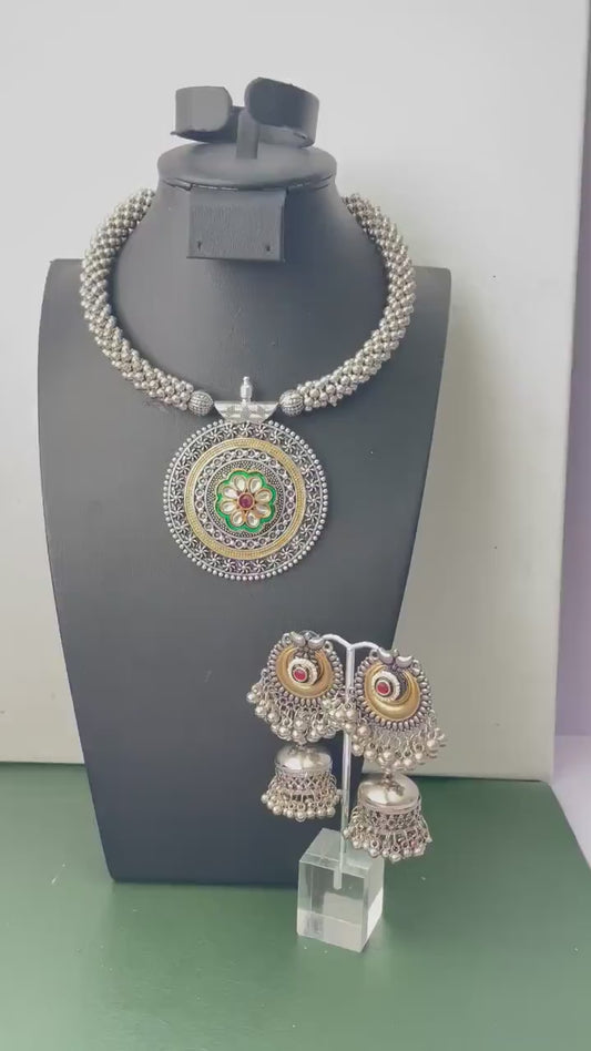 Dual tone Oxidised small pendent fancy thushi / hasli with matching jhumkis
