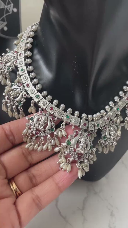 Kemp Silver Necklace Set: Ruby, Green & White Stone Earrings