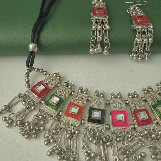 Oxidized Multicolor choker Set: Navratri Garba Choker and Earrings