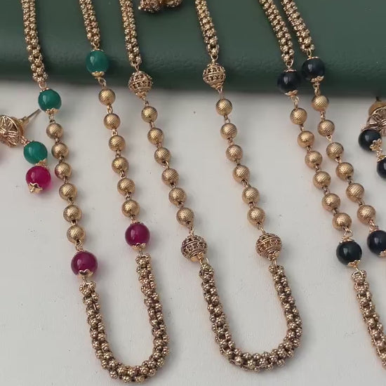 Antique gold plated short chain mala with matching earrings | Indian mala set